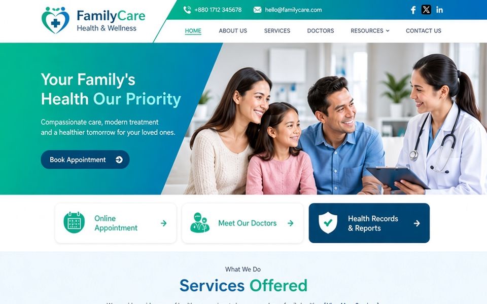 Diseño web para una clínica médica: portada en azul y verde con servicios y citas