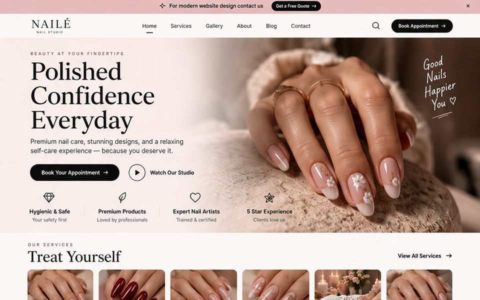 Diseño web para un salón de uñas: portada en tonos rosa con servicios y galería