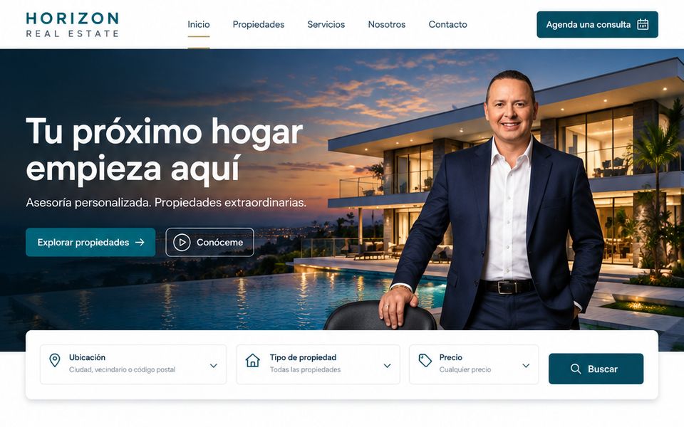 Diseño web para una inmobiliaria: portada con buscador y propiedades destacadas
